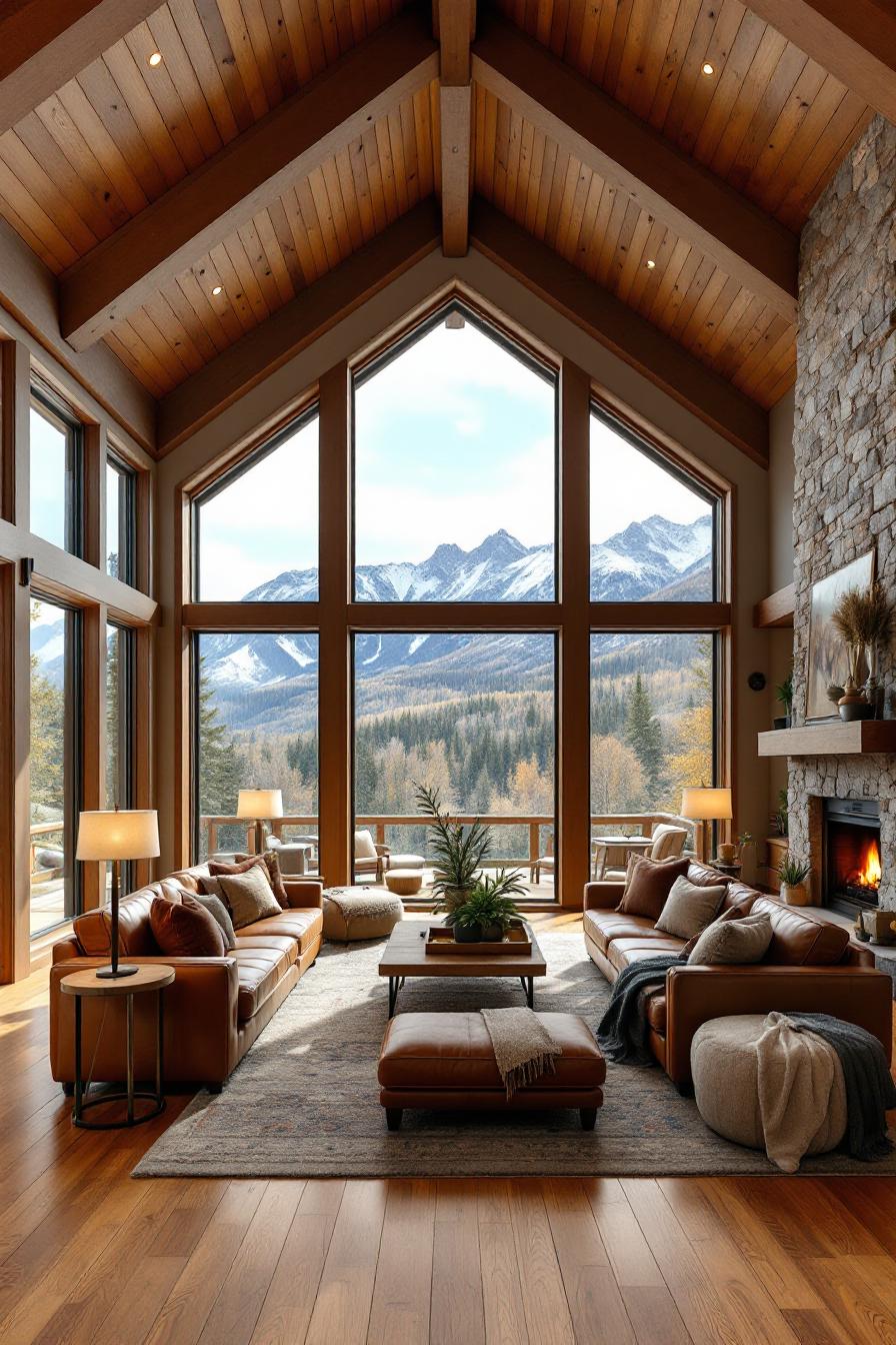 Stunning mountain cabin interior with large windows and warm wood design