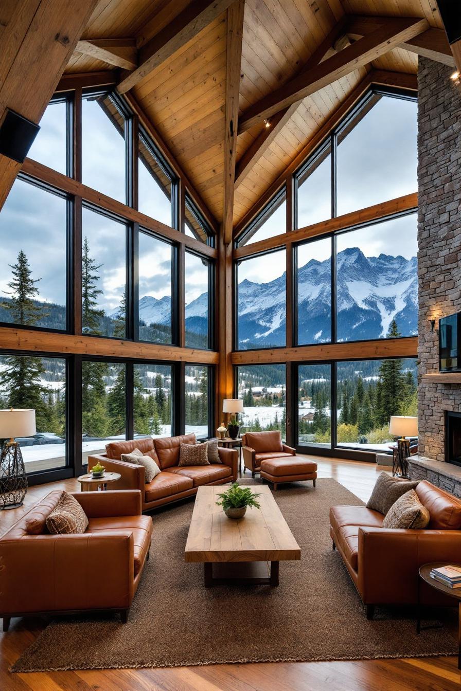 Contemporary cabin with leather seating and panoramic mountain views