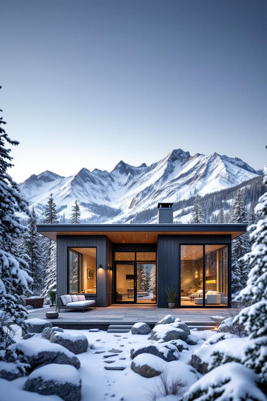 Modern cabin in a snowy mountain landscape