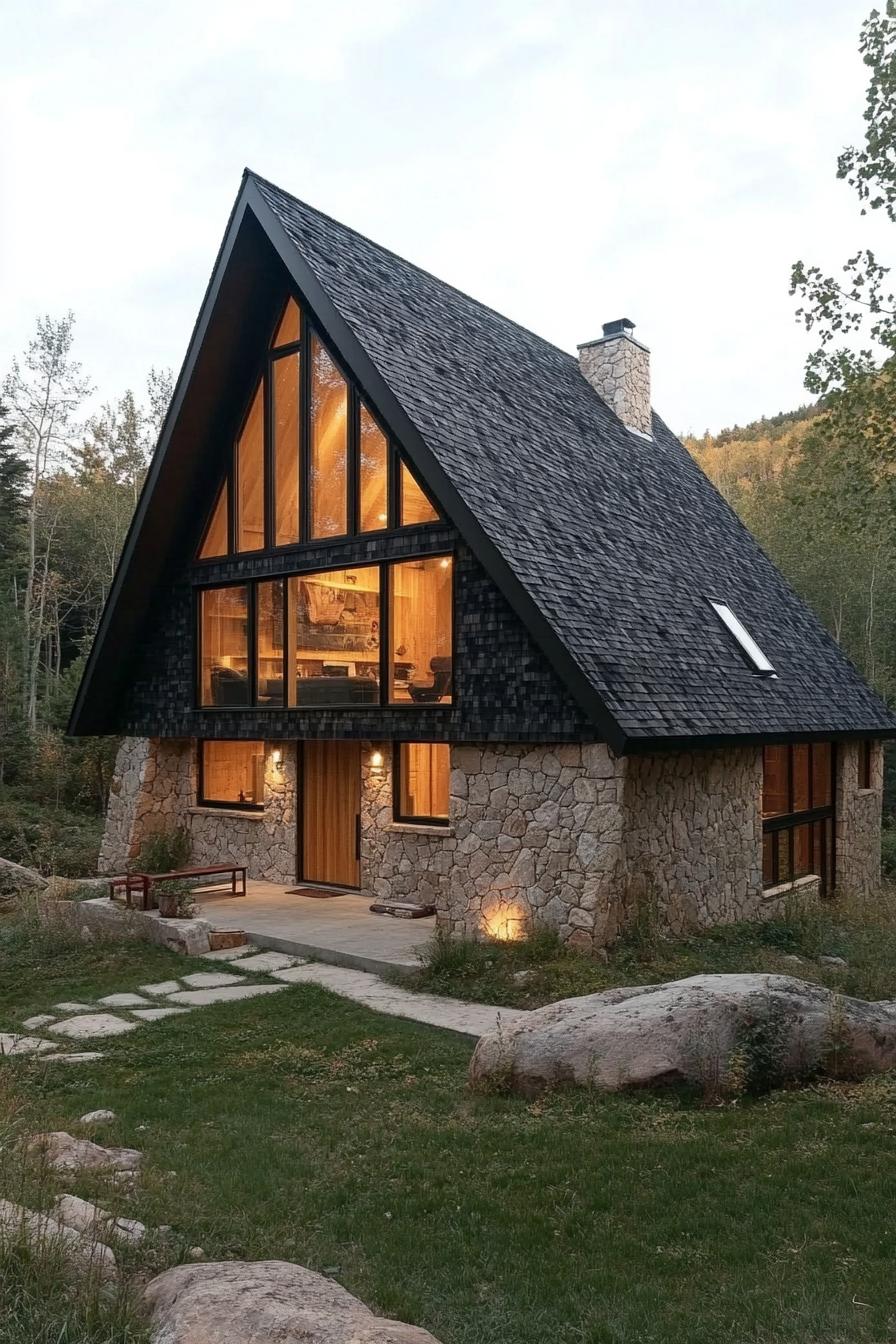 A-frame cabin with large glass windows and stone base