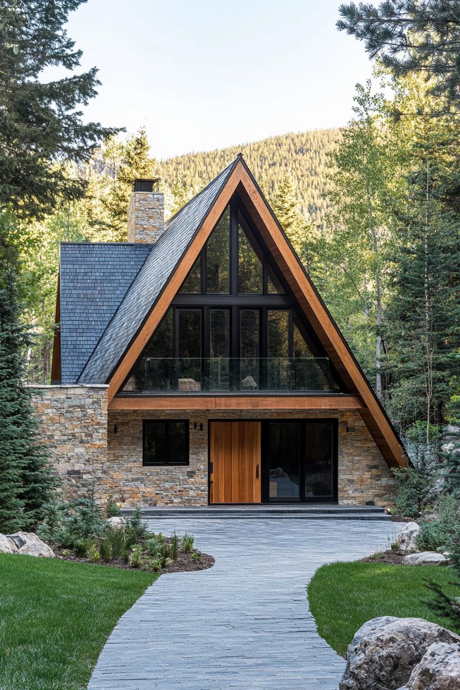 A-frame cabin with stone accents in a lush forest