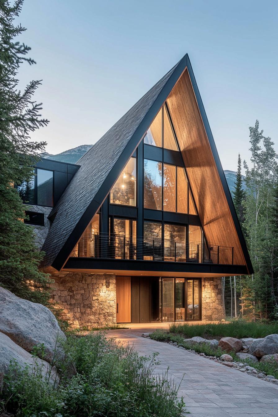 A-Frame Cabin with Glass Front and Stone Base