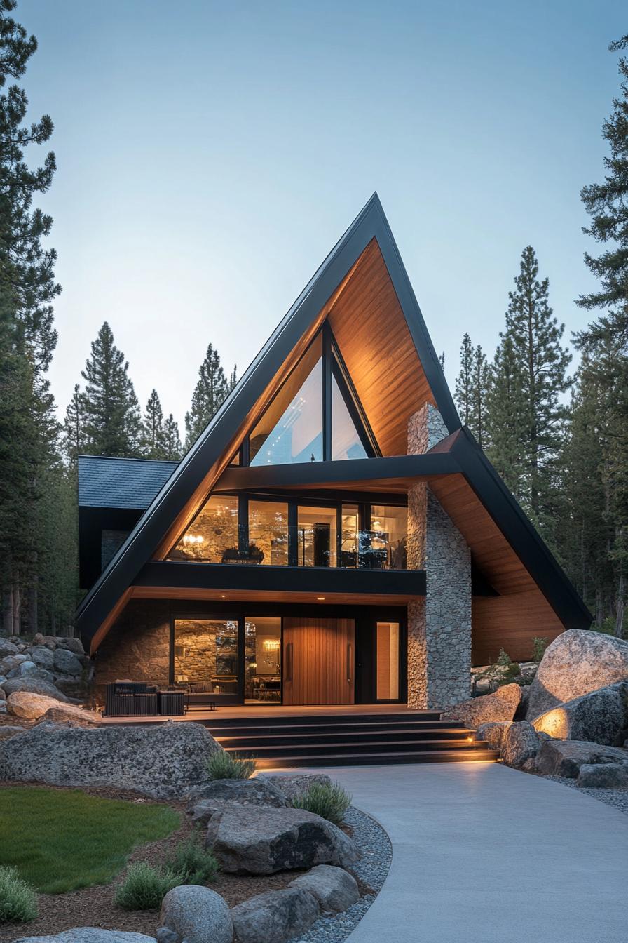 A-Frame house with stone walls and large windows