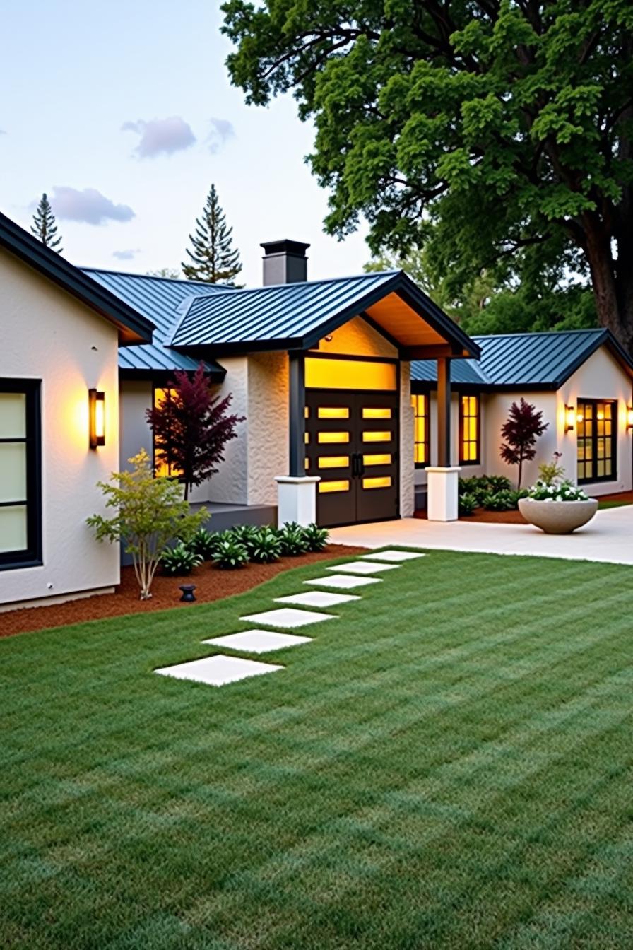 Front view of a modern ranch-style house with a sleek design