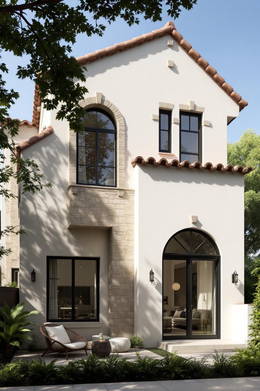 Elegant townhome with terracotta roof and arched windows