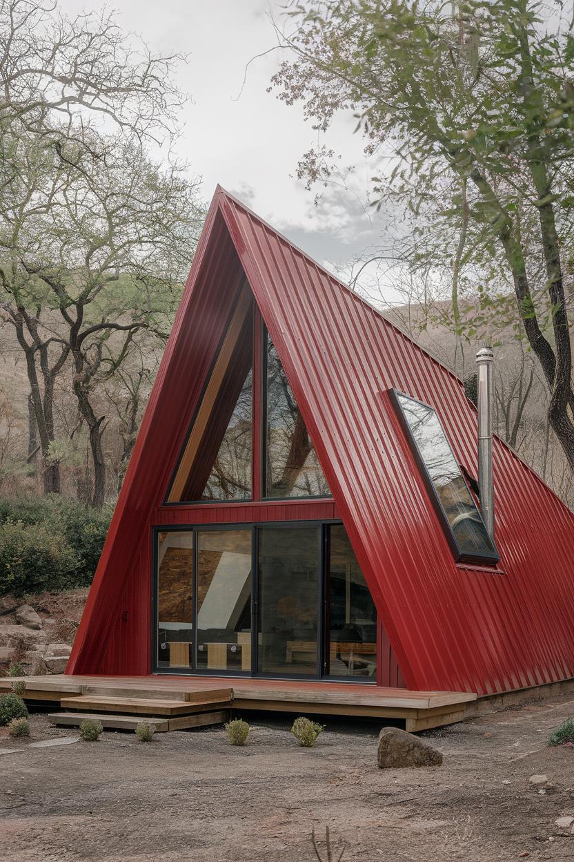 Crimson A-Frame cabin in a wooded area