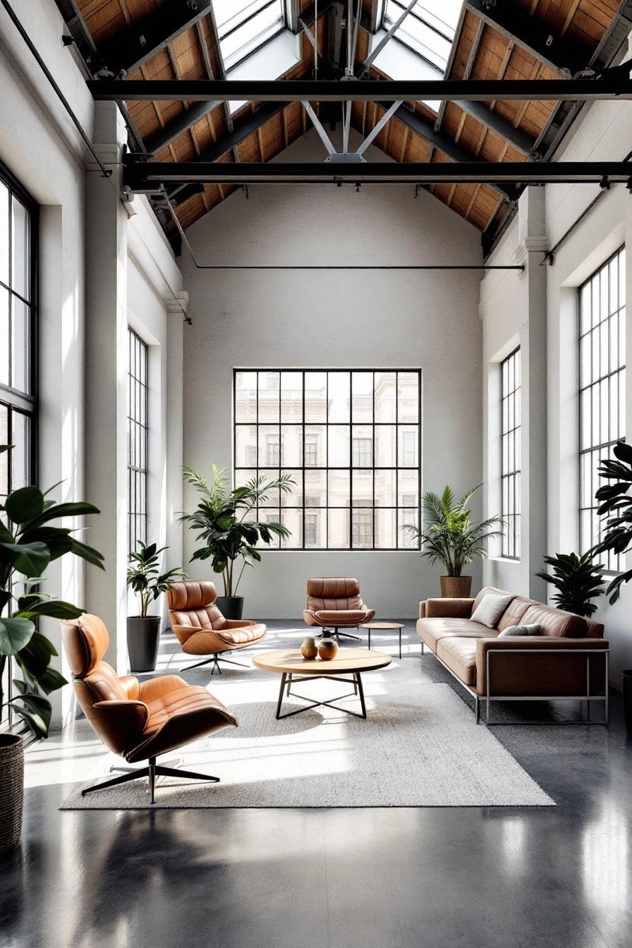 Spacious loft with large windows and plants