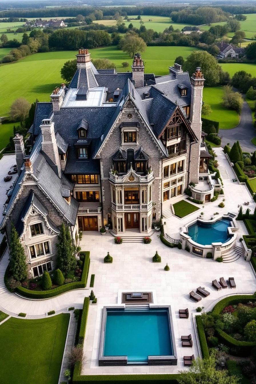 Massive mansion with turrets and a lush garden