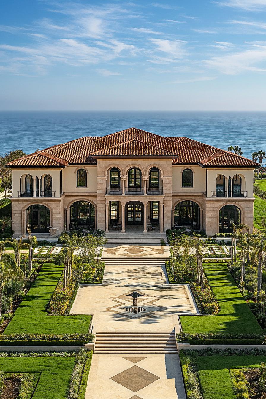 A grand mansion with terracotta roof by the sea