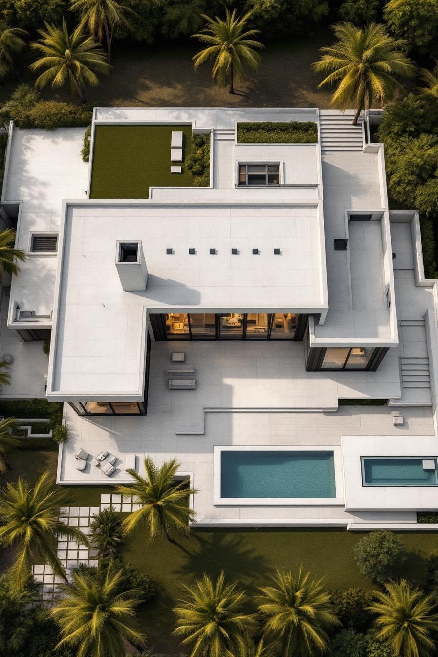 Aerial view of a modern concrete mansion with a pool and lush greenery