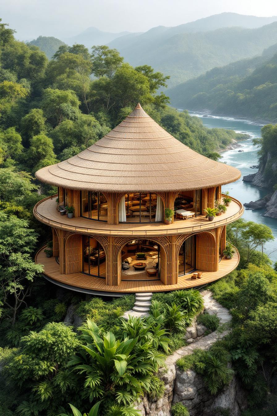 Two-story bamboo house with a cone-shaped roof in a lush forest setting