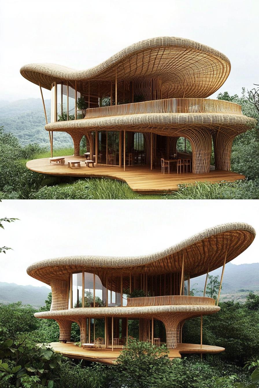 Bamboo house with curvy design in a verdant landscape