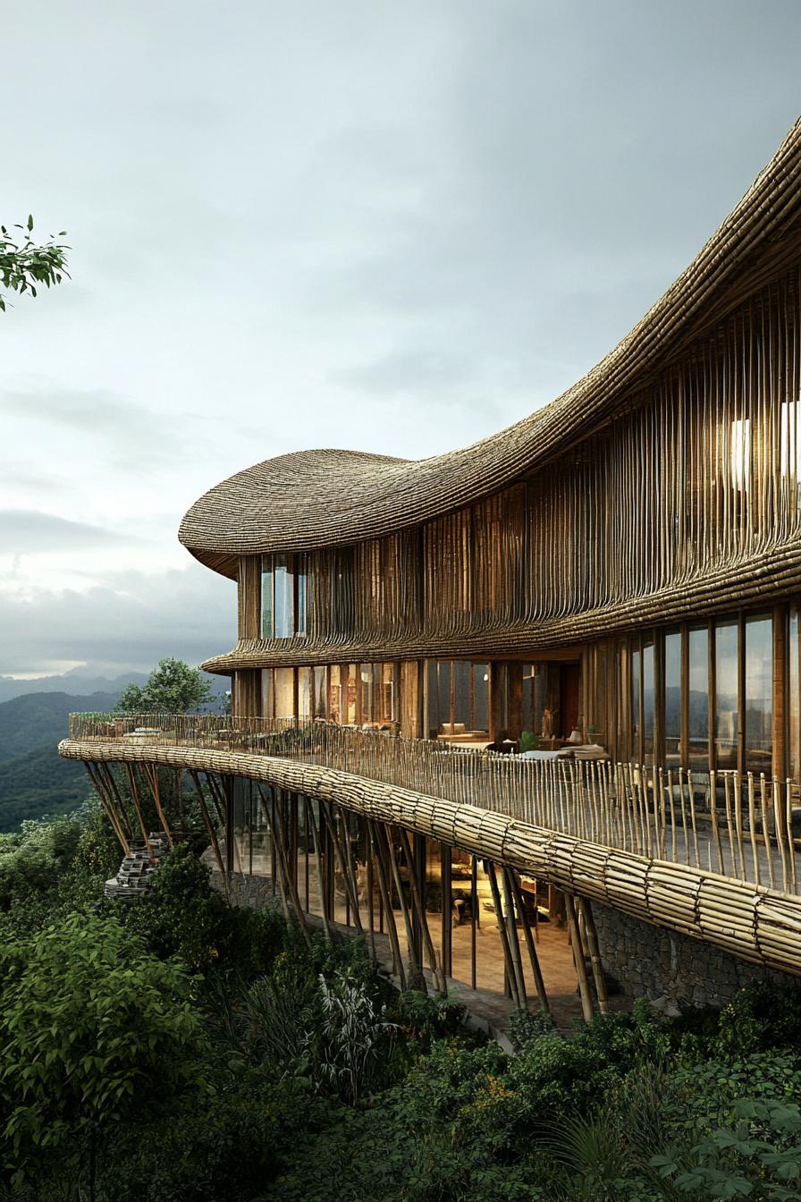 Modern bamboo house overlooking lush hills