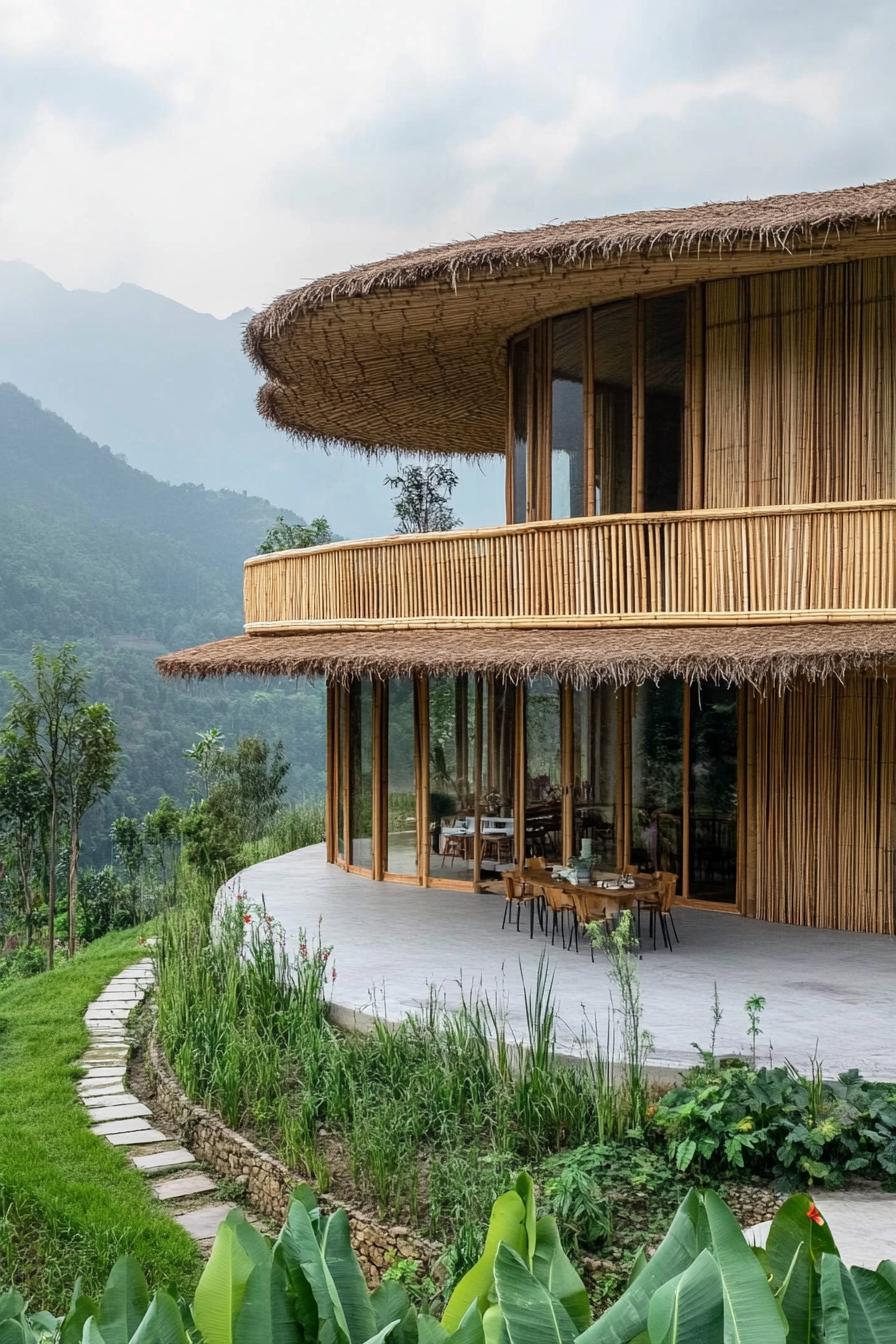 Modern bamboo house with mountain backdrop