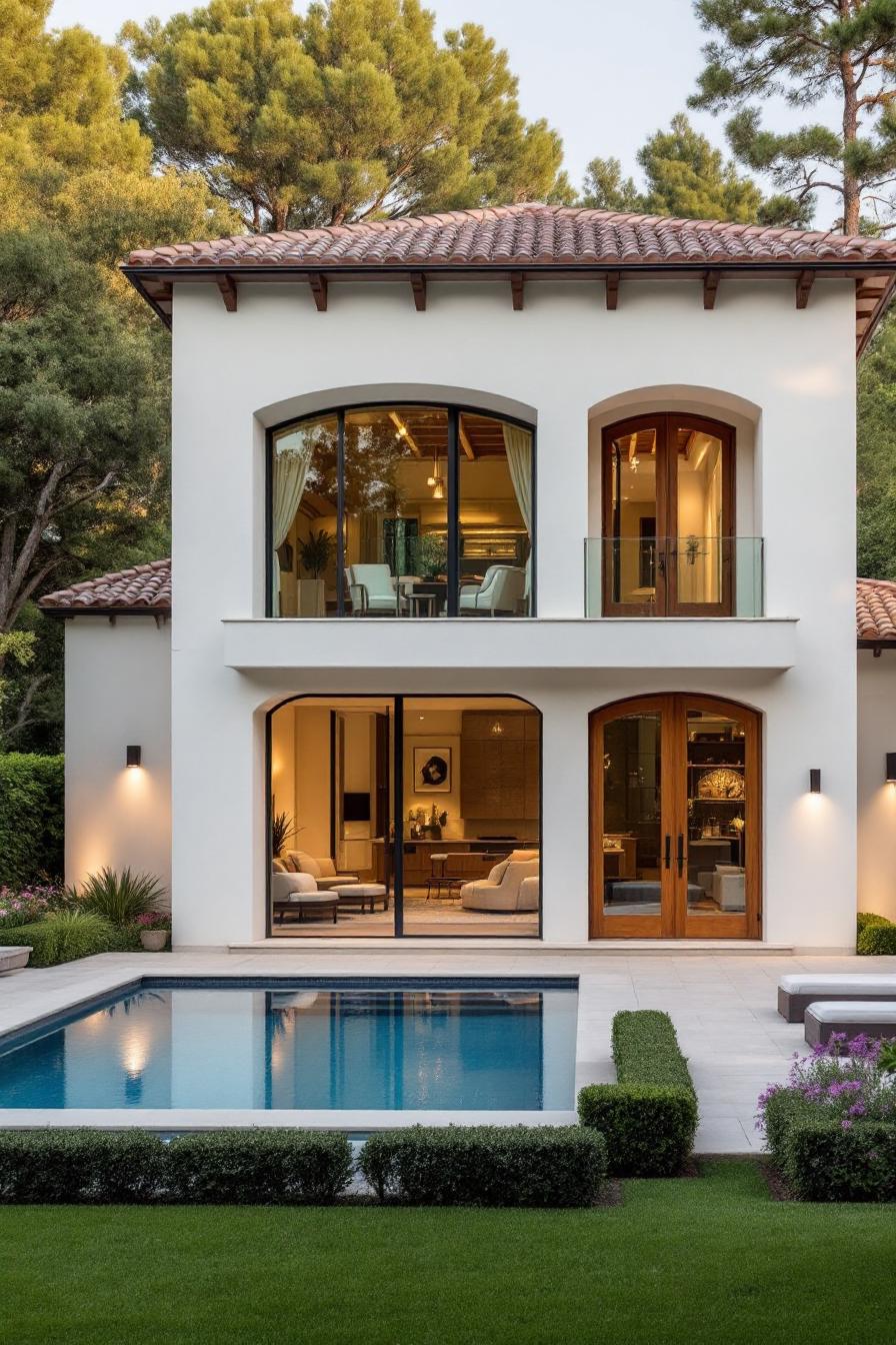 White villa with tall arched windows and a pool