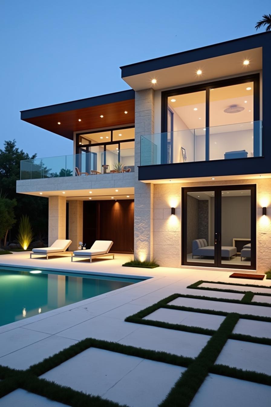 Modern house with poolside view at dusk