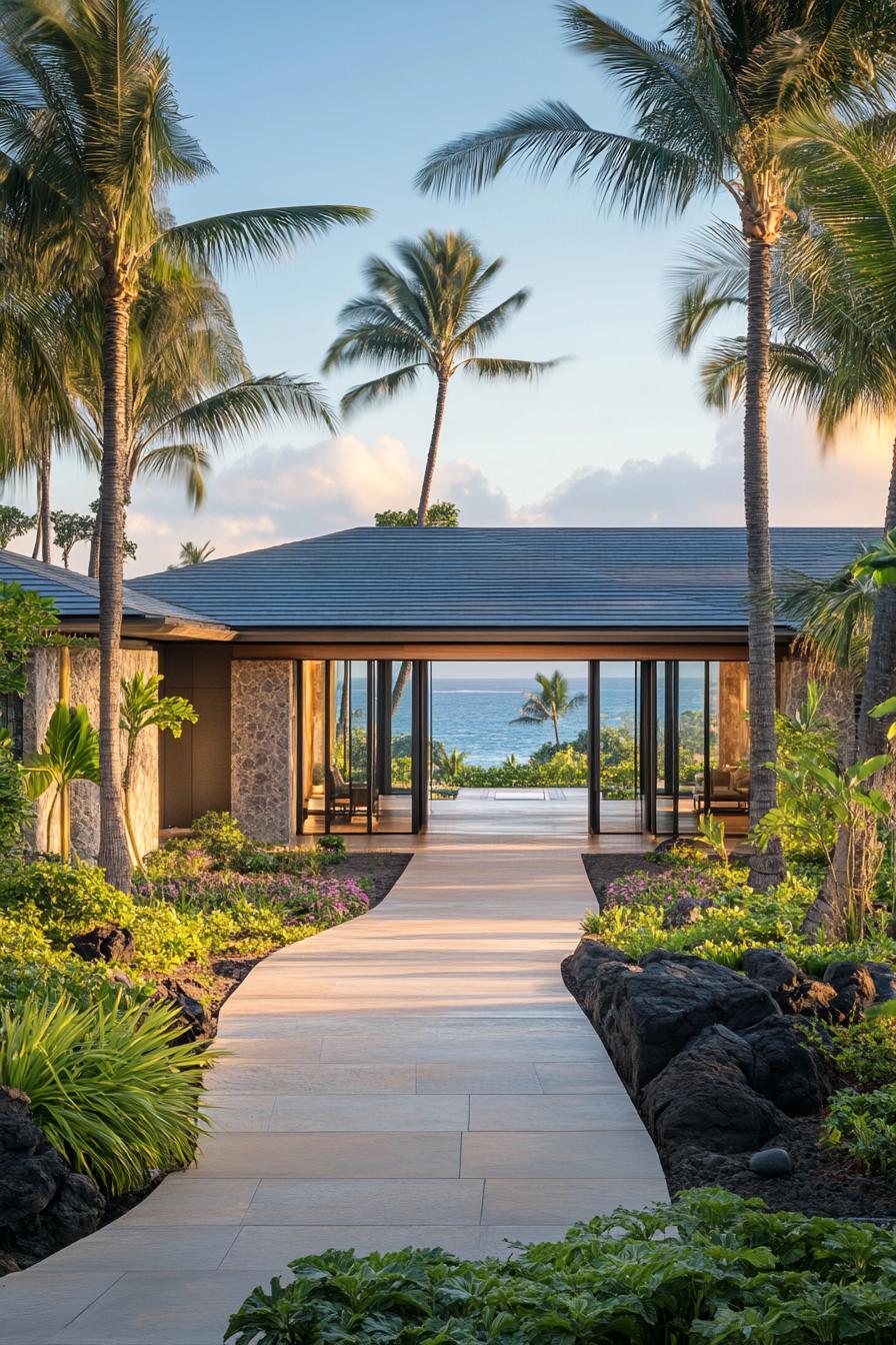 Contemporary villa with ocean view and lush greenery