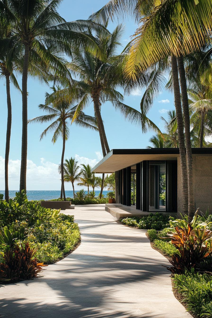 Modern villa with palm trees and ocean view