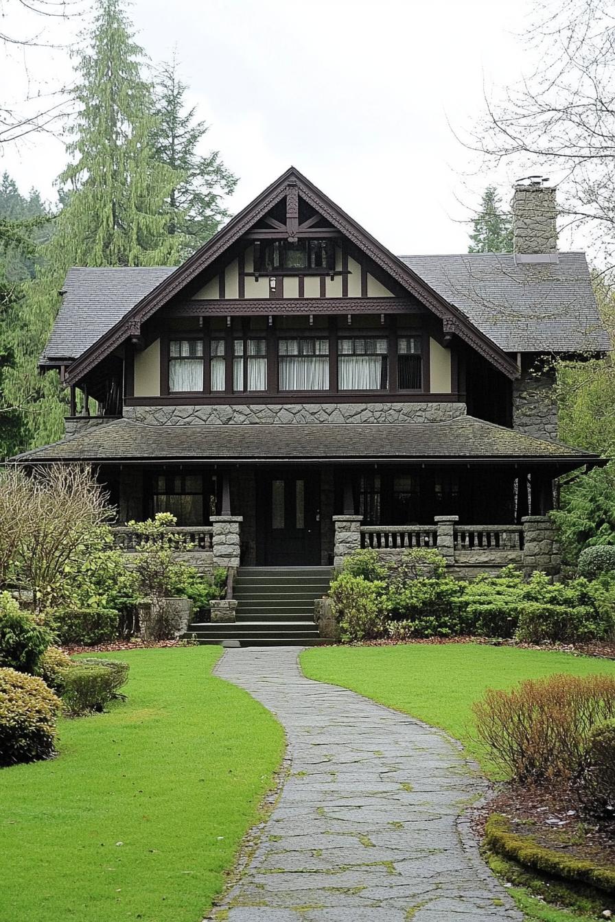 Craftsman farmhouse with stone accents and lush garden