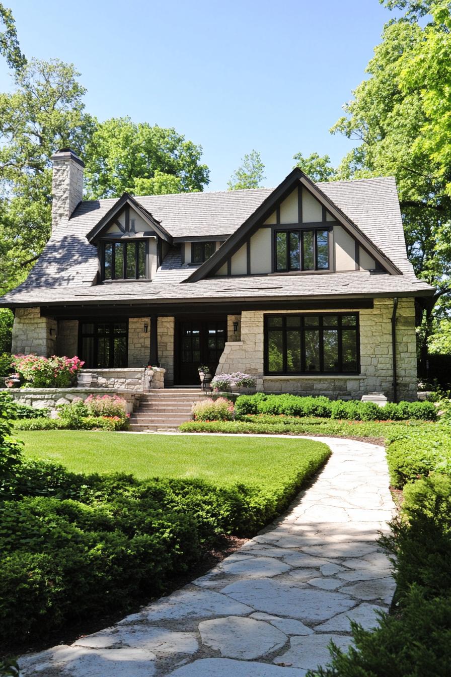 Charming stone farmhouse with a lush garden path