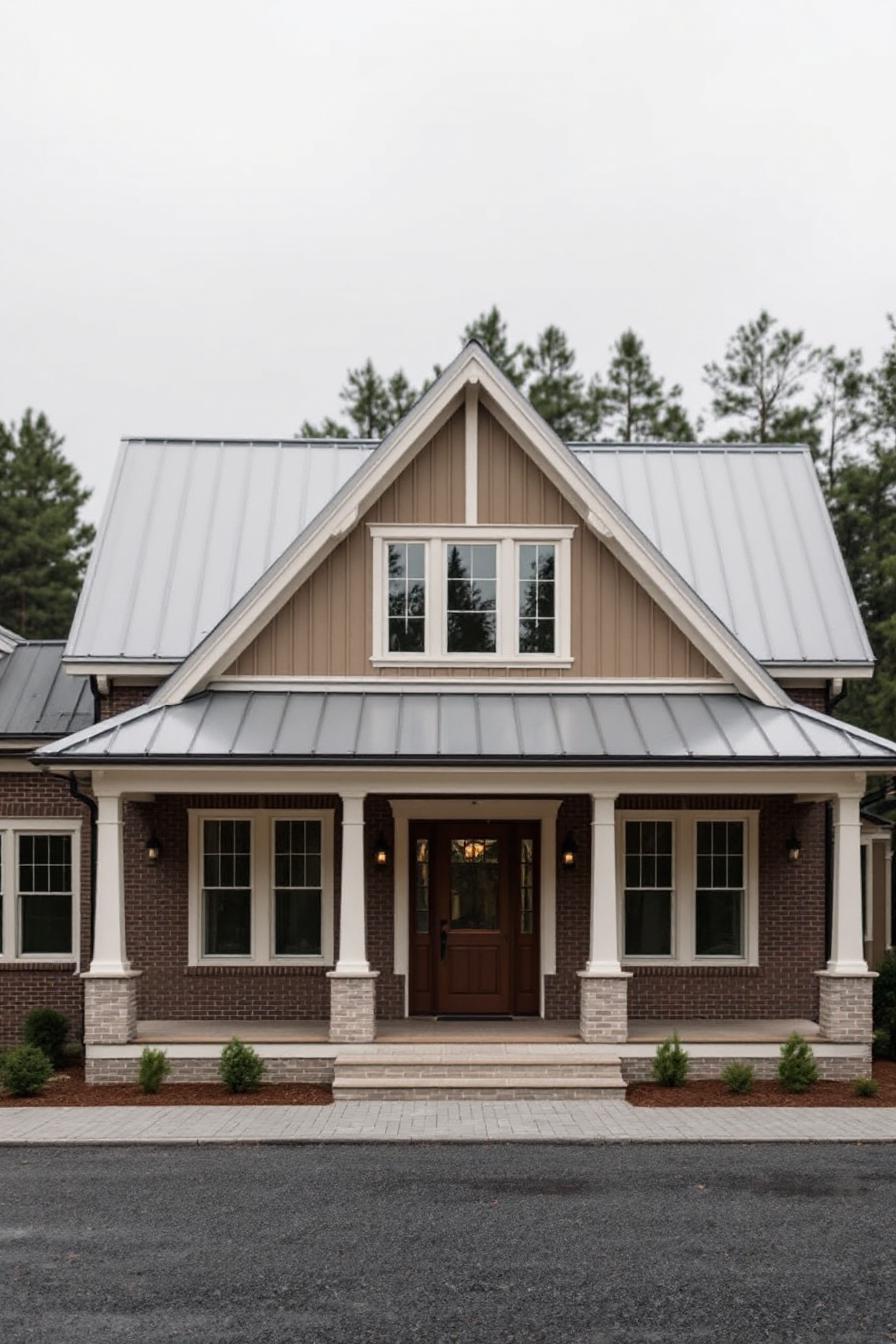 Farmhouse with white trim and timber detailing