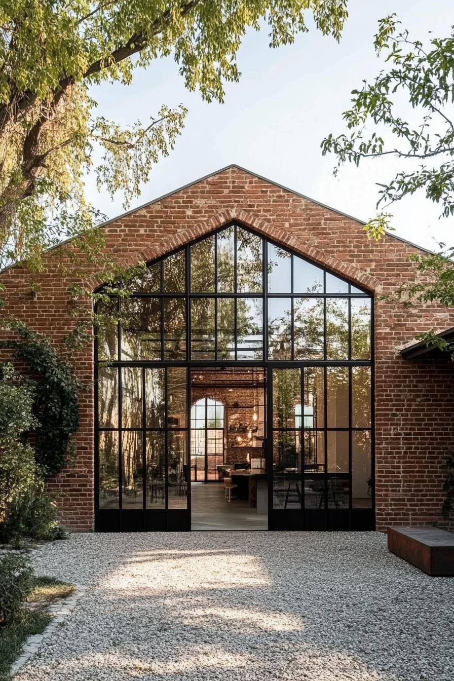 Glass-fronted brick building nestled in greenery