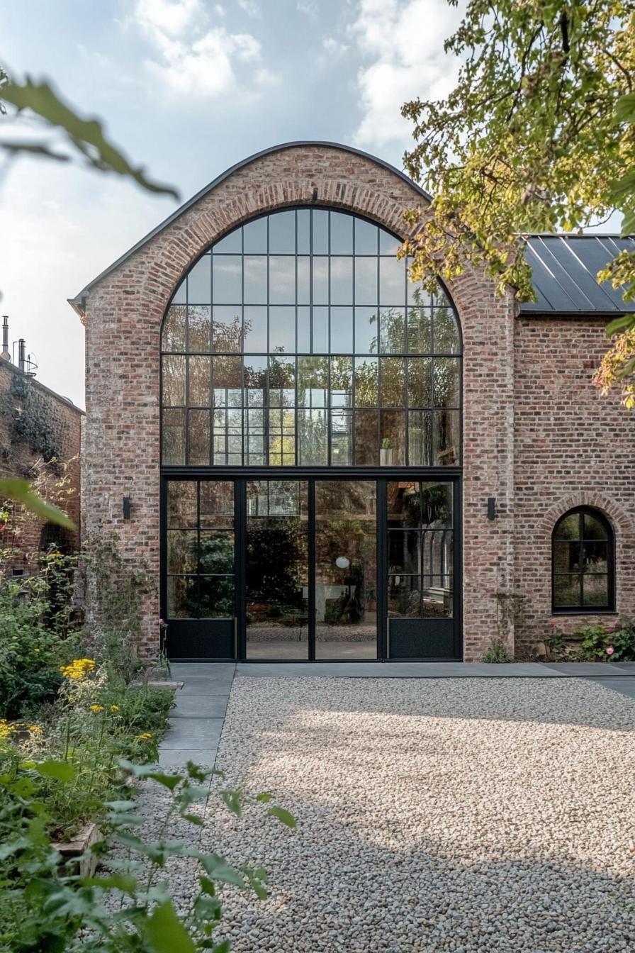 Brick building with large arched windows surrounded by greenery