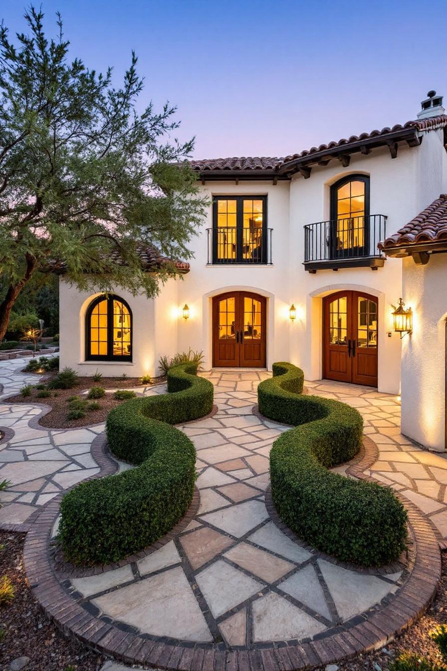 Elegant Arizona house with curvy hedges and warm lights