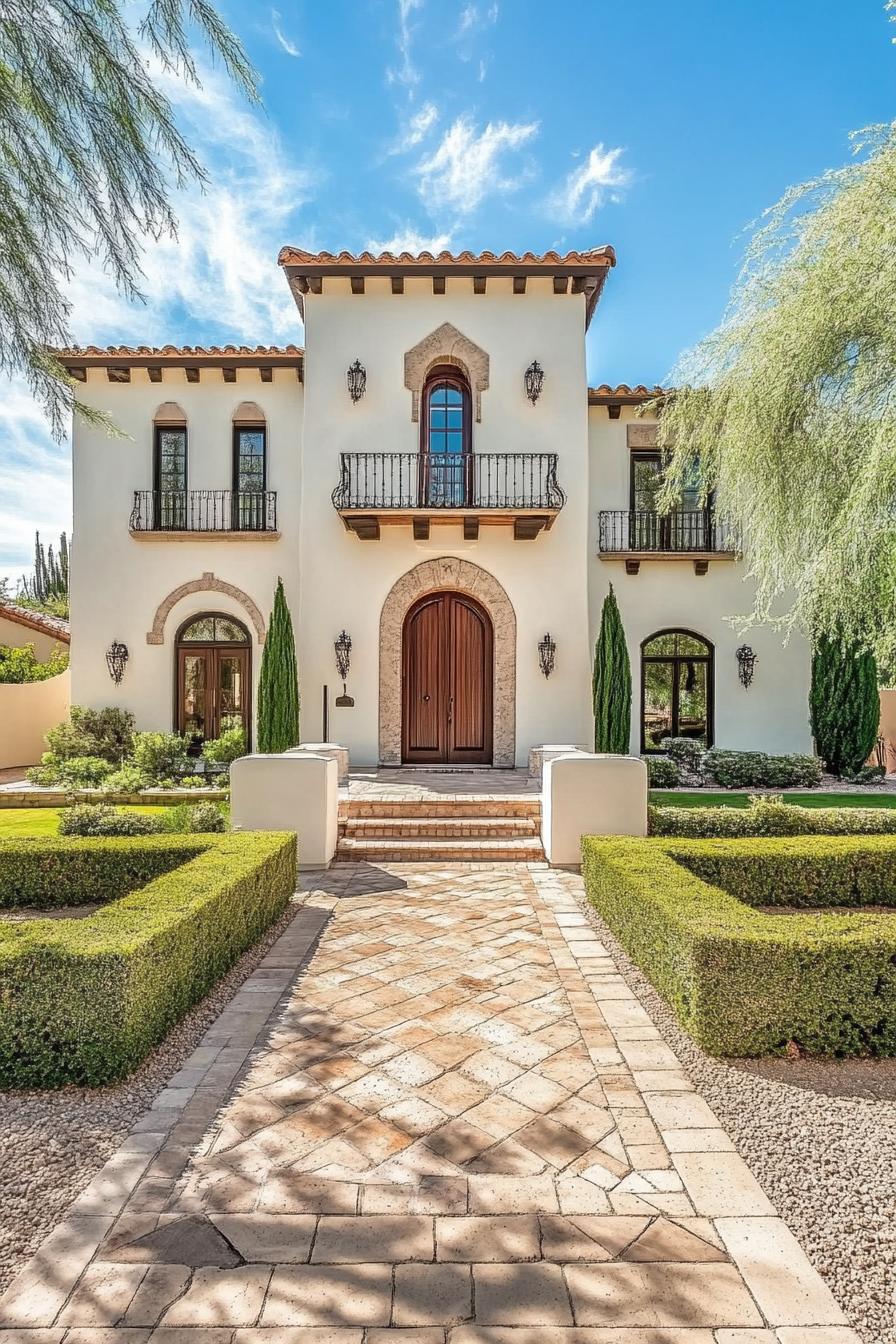 Stately two-story home with arched windows and symmetrical landscaping