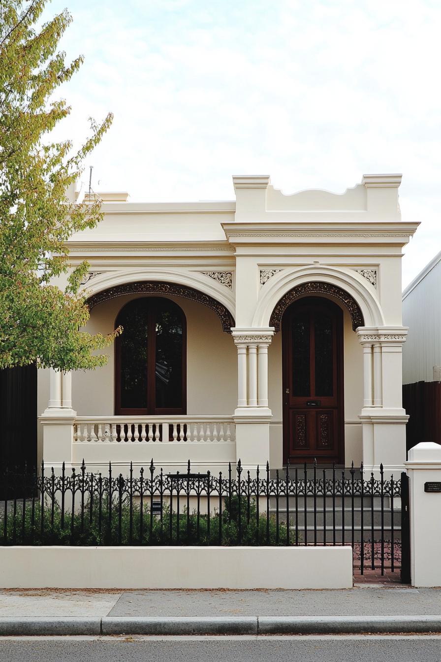 Victorian-style house with ornate arches and iron fence