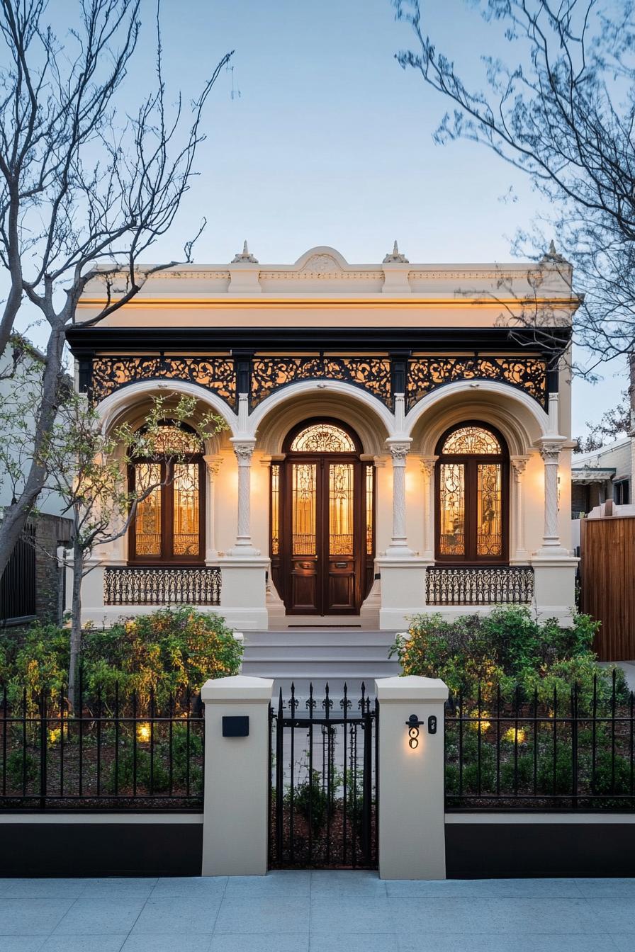 Victorian house with ornate ironwork and warm lighting