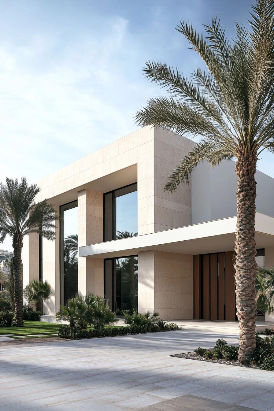 Modern house exterior with palm trees