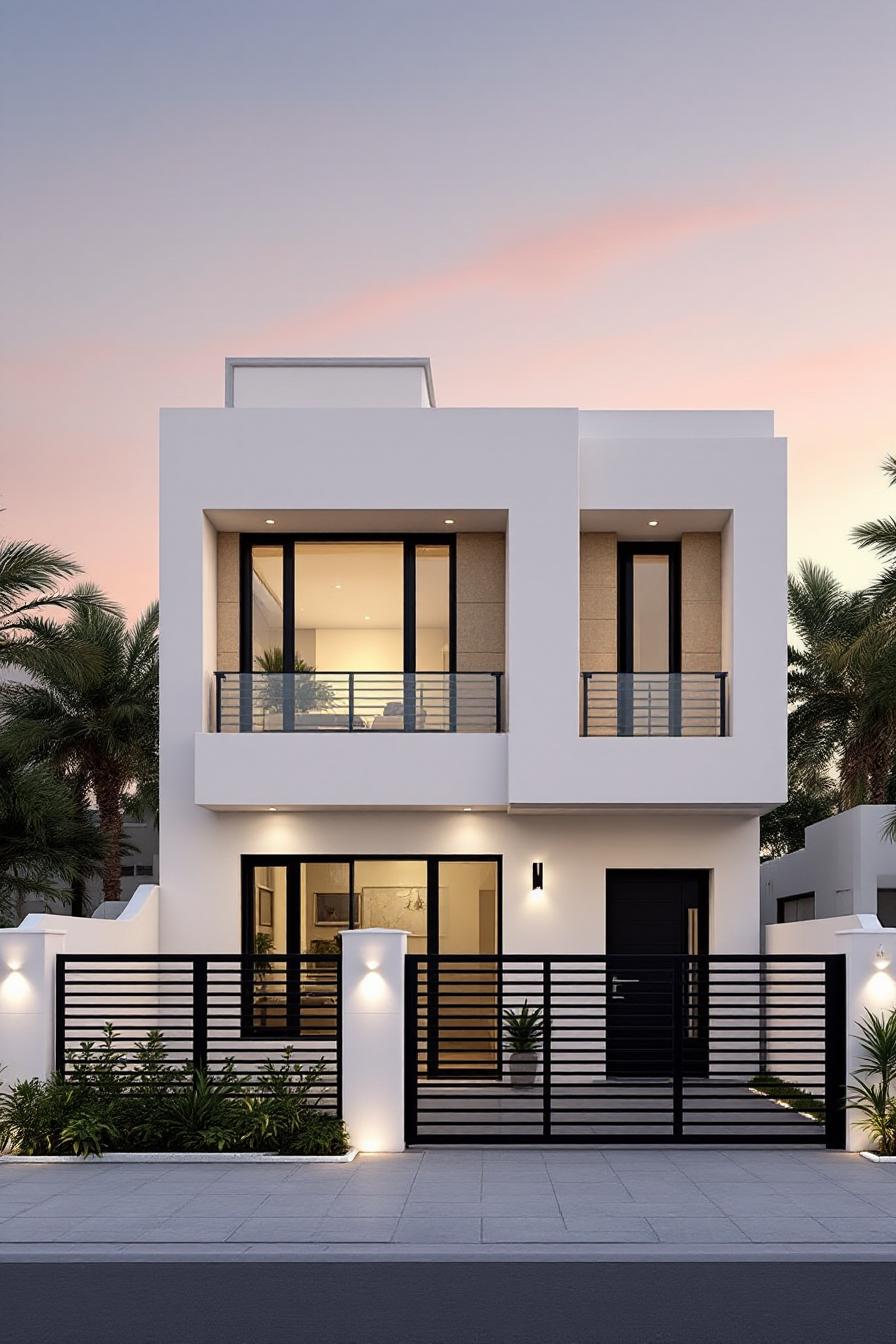 Contemporary white house with balcony and gate at dusk