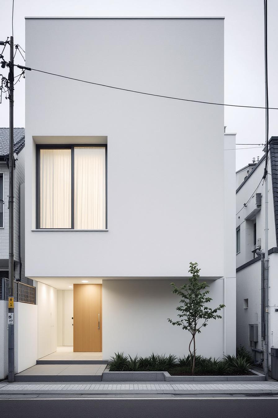 Minimalist house with a wooden door and a small garden