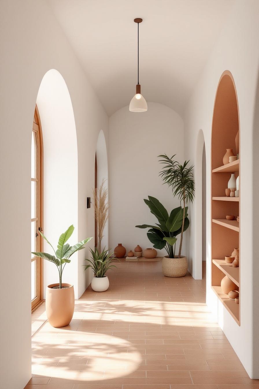 Sunlit hallway with plants and terracotta tiles