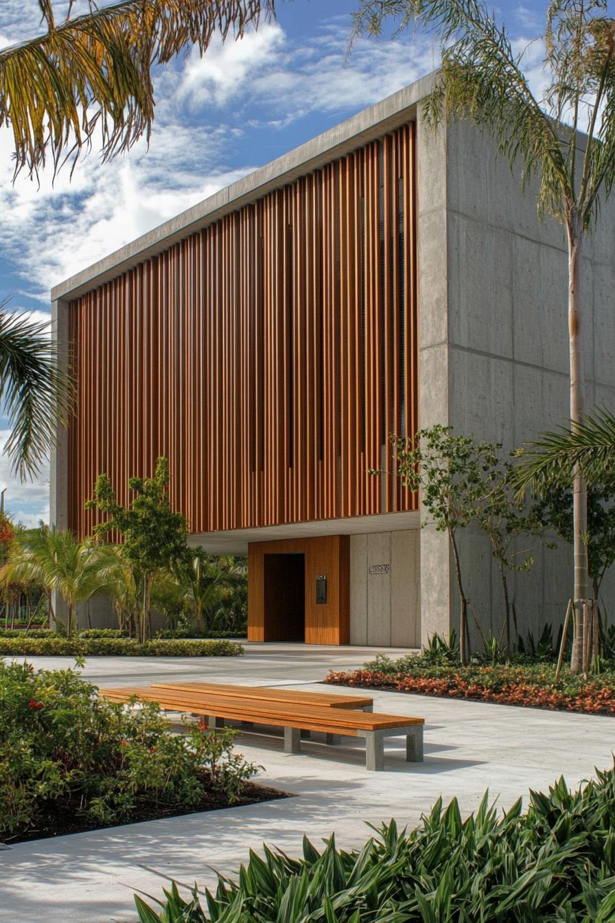 Modern building with vertical wooden slats and lush green landscaping