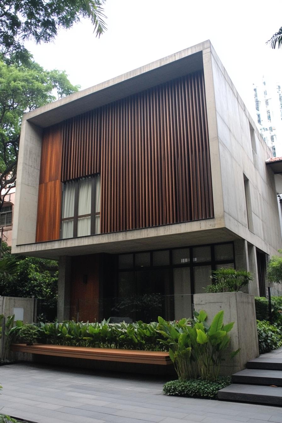 Modern house facade with wood and concrete elements