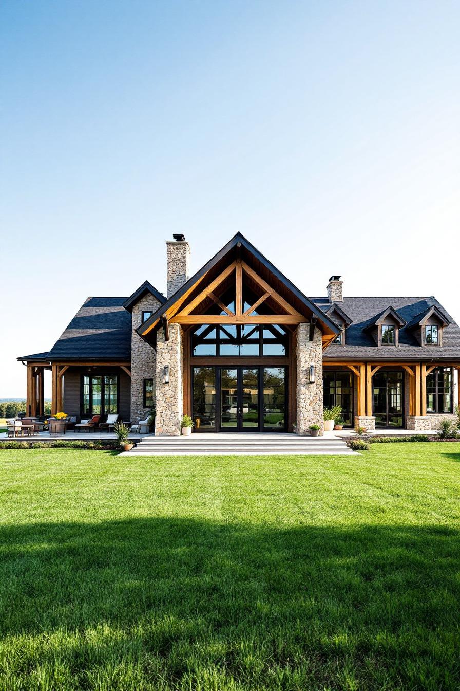 Stately farmhouse with prominent gables and lush greenery