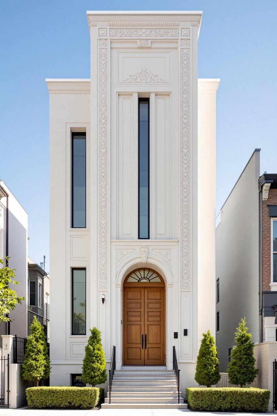 Tall neoclassical house with intricate facade and wooden door