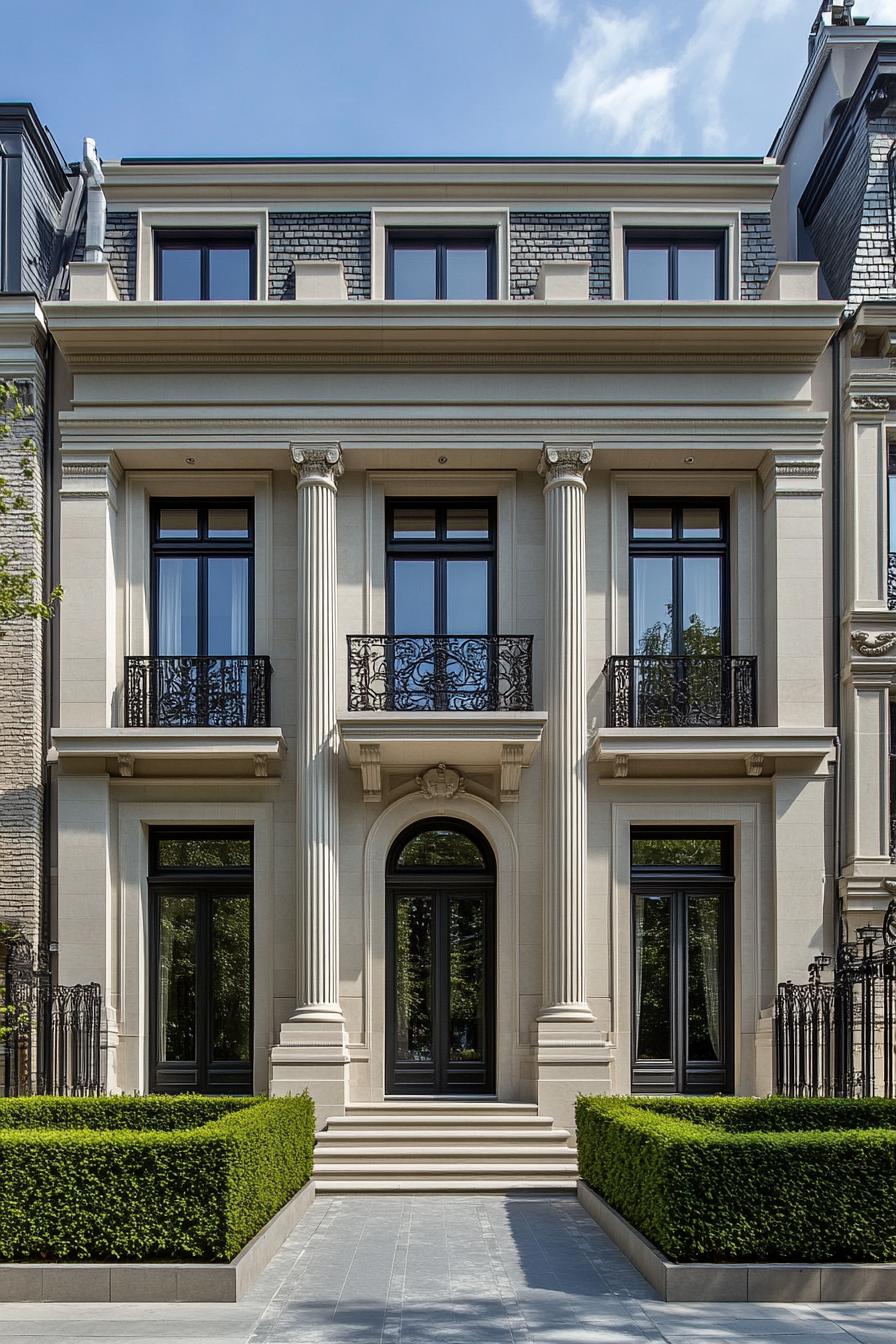 Neoclassical facade with tall columns and elegant doorways