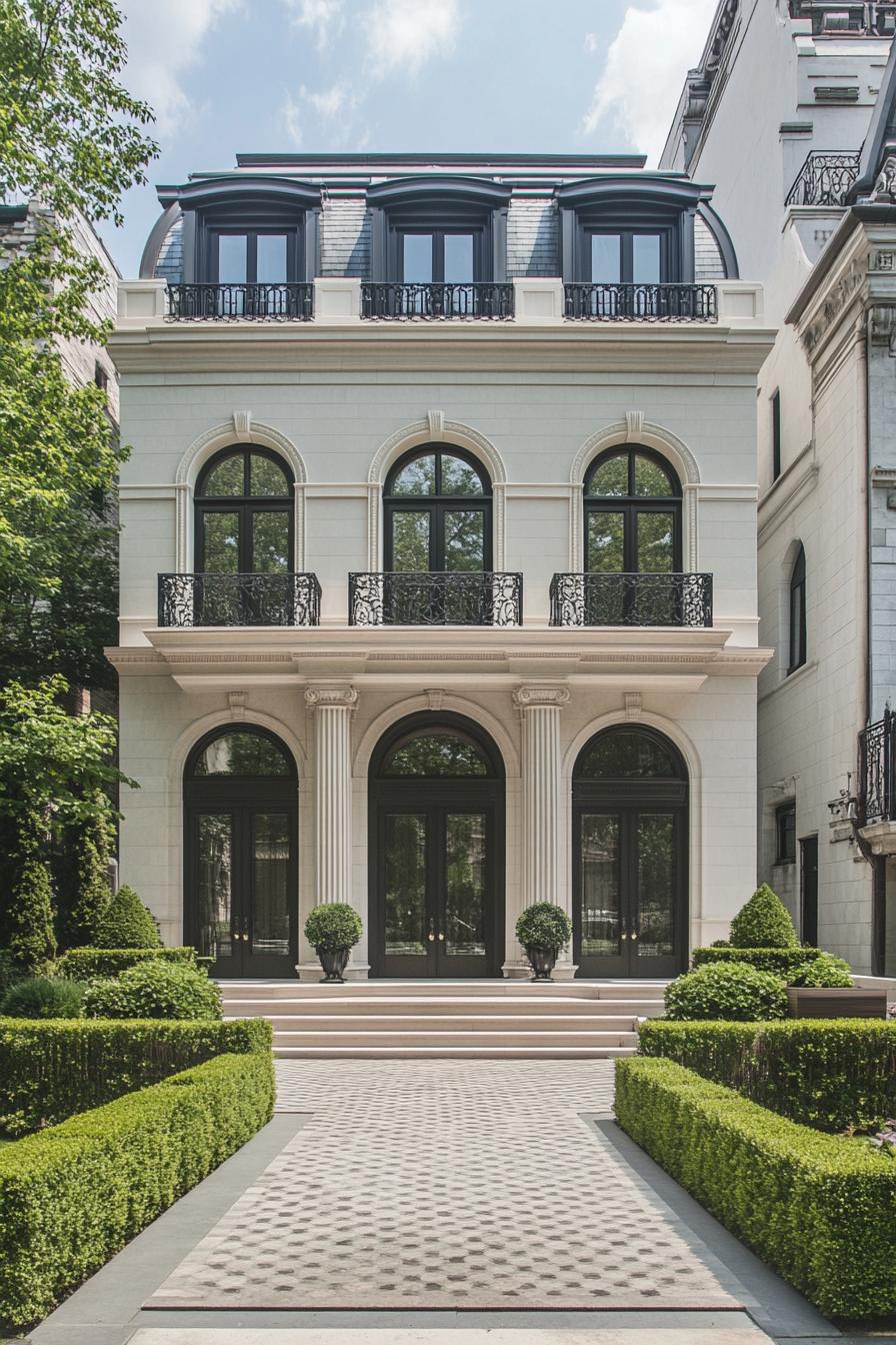 Facade of a modern neoclassical house with manicured greenery