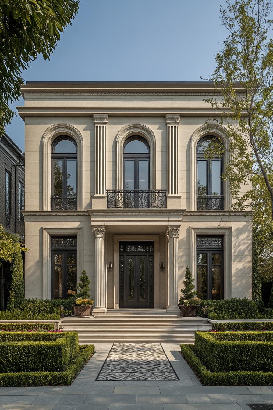 Grand neoclassical house with tall columns and arch windows