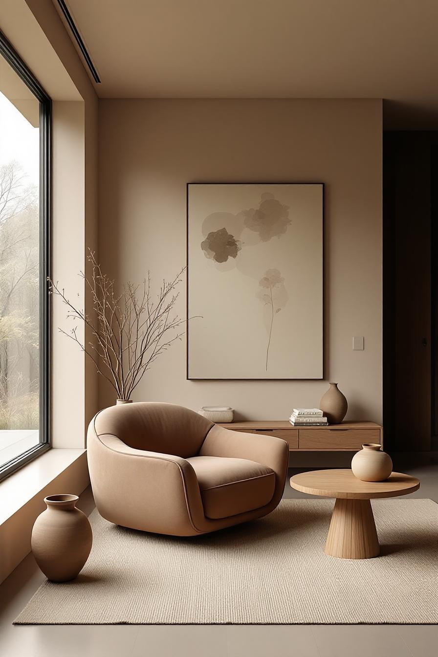 Cozy minimalist beige living room with natural accents