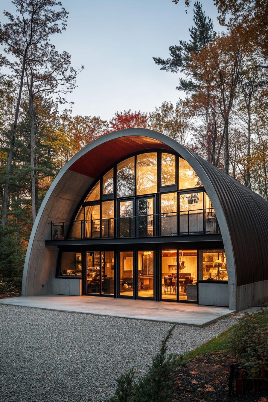 Quonset hut home with large windows in a forest setting