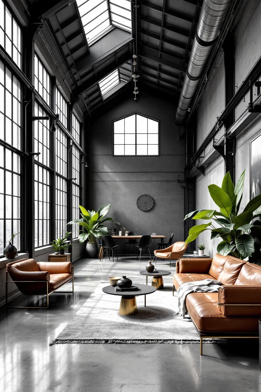 Warehouse loft interior with a modern industrial aesthetic in a monochromatic color theme. Architectural details include exposed beams and large