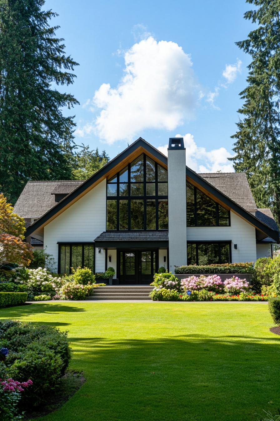 Modern A-frame house with large windows surrounded by lush greenery and a blue sky