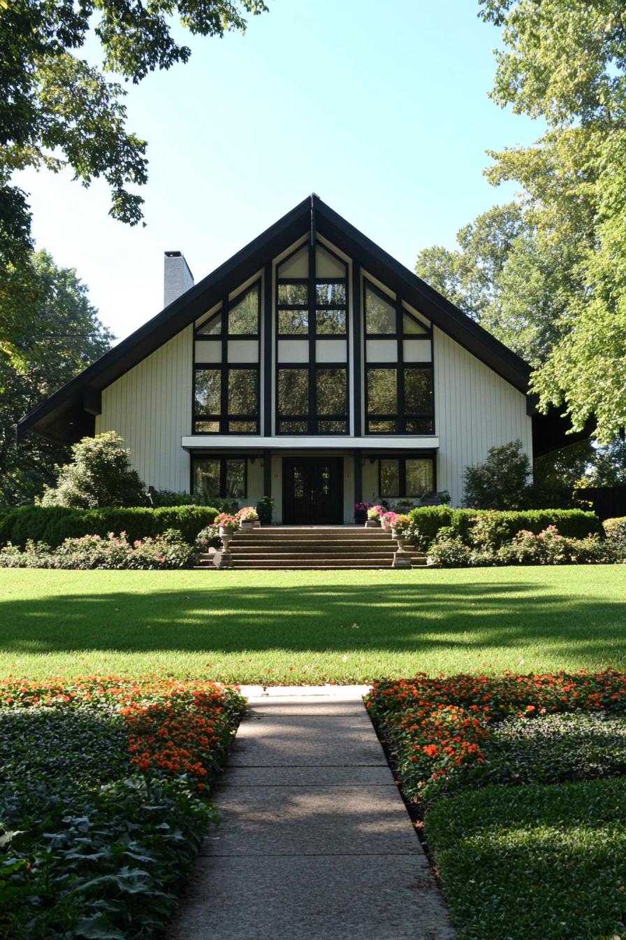 A-Frame house with large glass windows and lush garden