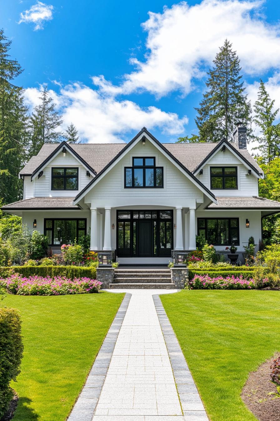 Large white house with gable roofs and a beautiful garden