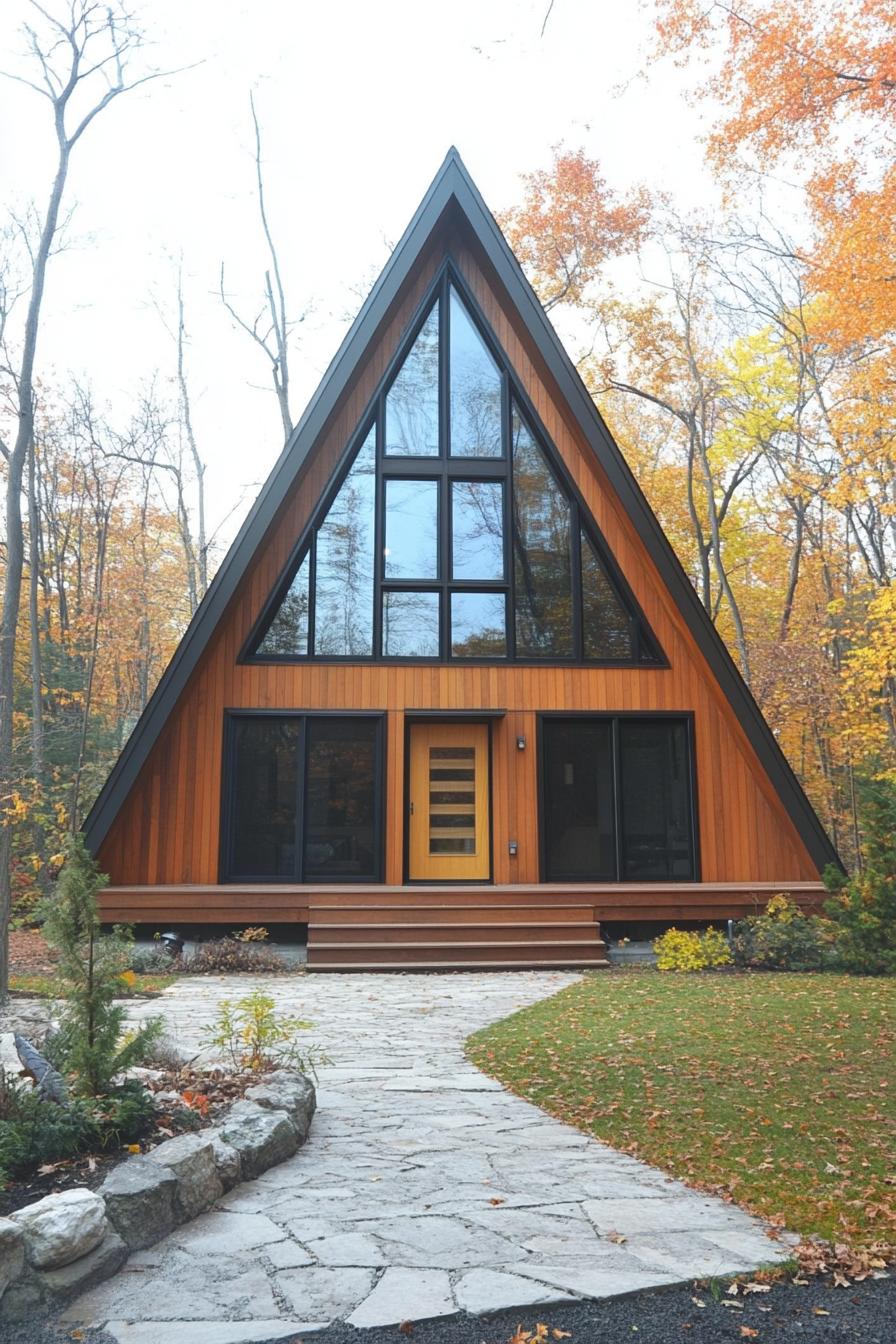 A-frame house with large glass windows in a forest setting