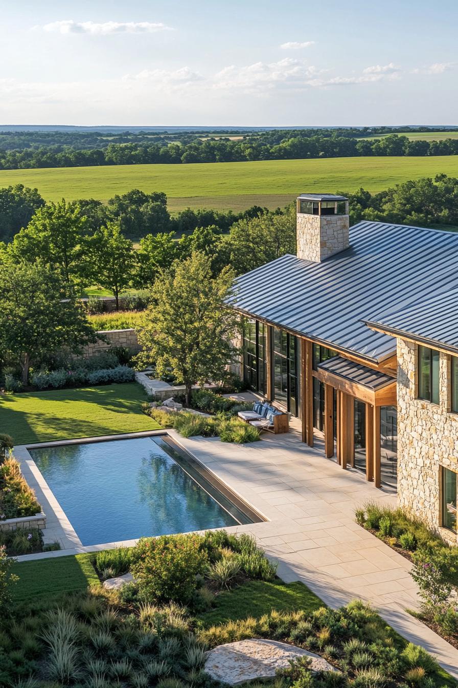 Luxury farmhouse with stone facade and pool in the countryside